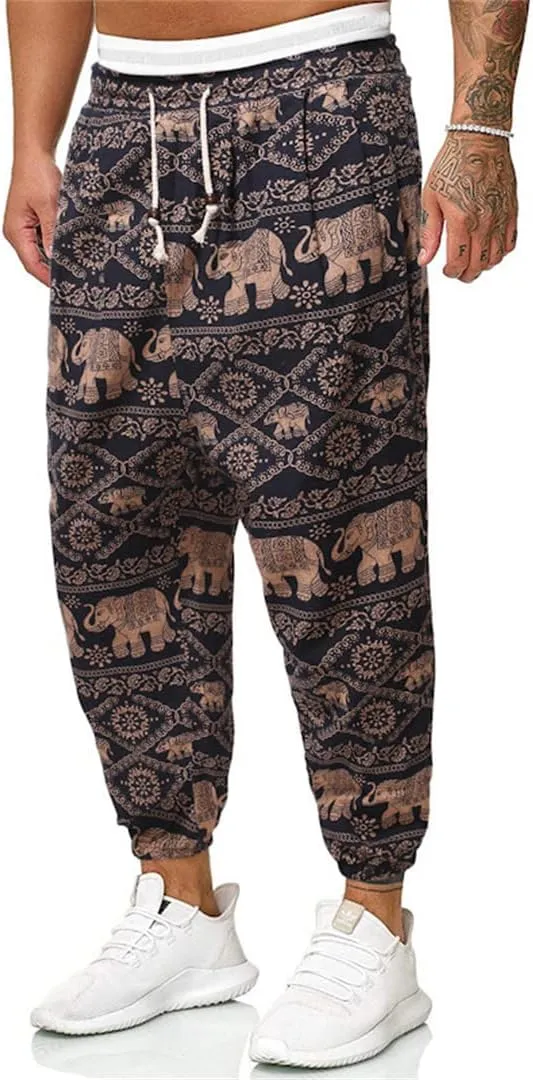 Alloaone Men Print Harem Pants Cool Street Elastic Waist Pants Jogger Sweatpants Style Loose Trousers