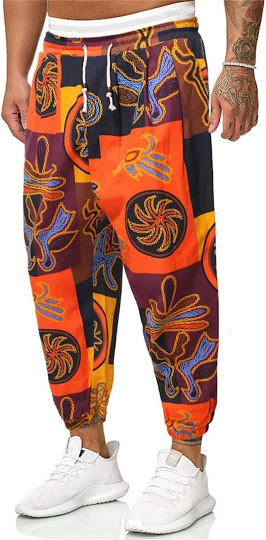 Alloaone Men Print Harem Pants Cool Street Elastic Waist Pants Jogger Sweatpants Style Loose Trousers