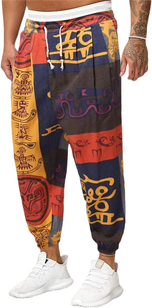 Alloaone Men Print Harem Pants Cool Street Elastic Waist Pants Jogger Sweatpants Style Loose Trousers