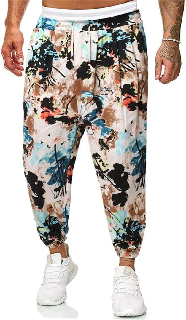 Alloaone Men Print Harem Pants Cool Street Elastic Waist Pants Jogger Sweatpants Style Loose Trousers