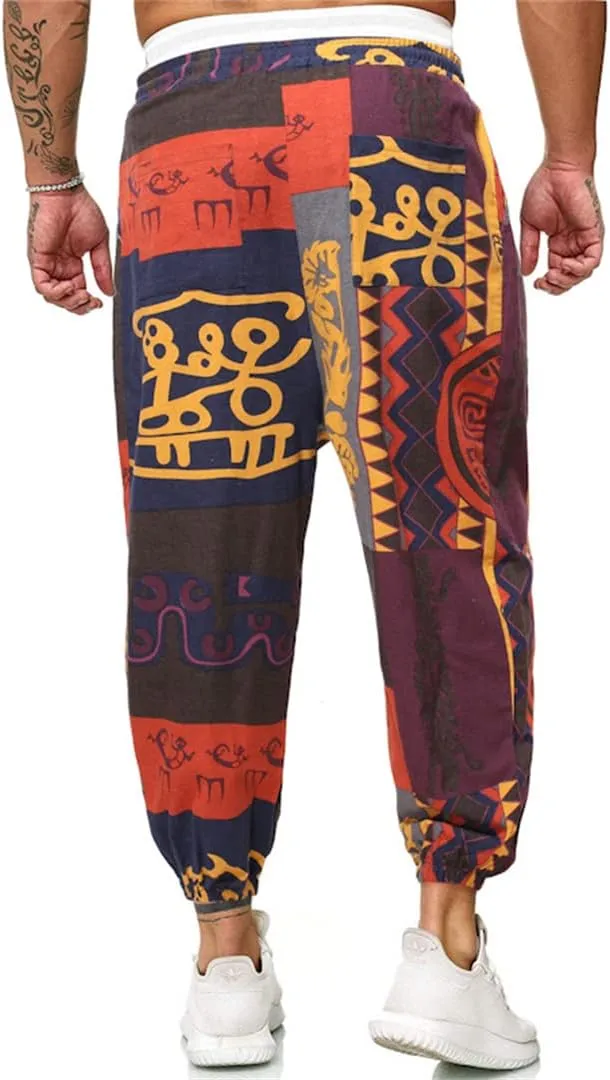 Alloaone Men Print Harem Pants Cool Street Elastic Waist Pants Jogger Sweatpants Style Loose Trousers
