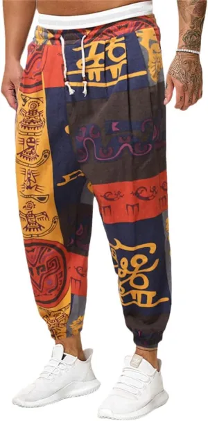Alloaone Men Print Harem Pants Cool Street Elastic Waist Pants Jogger Sweatpants Style Loose Trousers