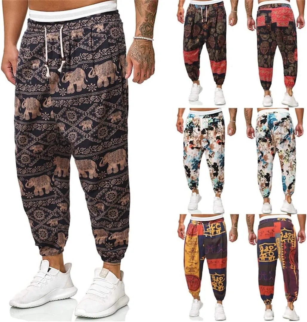 Alloaone Men Print Harem Pants Cool Street Elastic Waist Pants Jogger Sweatpants Style Loose Trousers