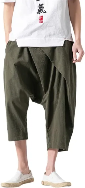 Alloaone Men Streetwear Harem Pants Joggers Retro Baggy Trousers Linen Chinese Style Cropped Pants