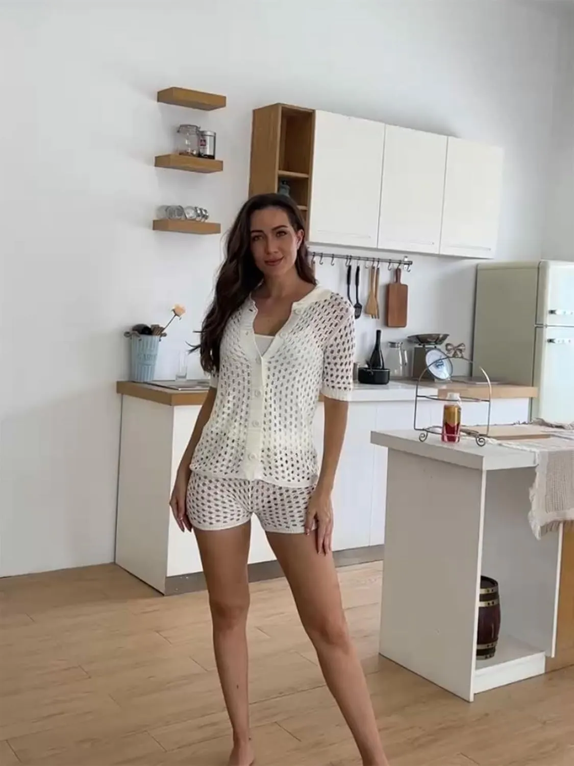 Alunzoem Short Sets for Women 2 Piece Outfits Crochet Knit Hollow Out Short Sleeve Button Down Shirts Bodycon Shorts Set