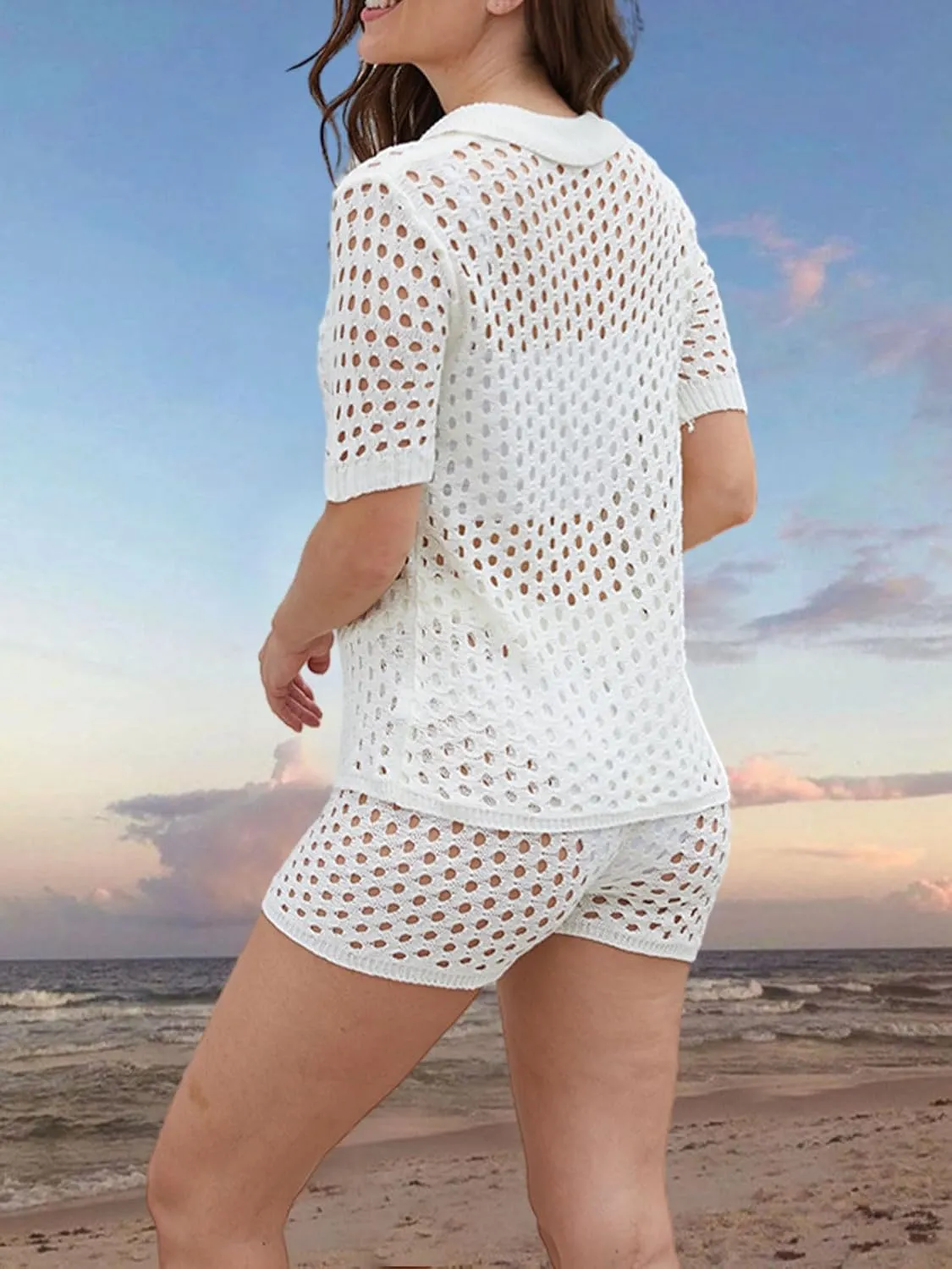 Alunzoem Short Sets for Women 2 Piece Outfits Crochet Knit Hollow Out Short Sleeve Button Down Shirts Bodycon Shorts Set