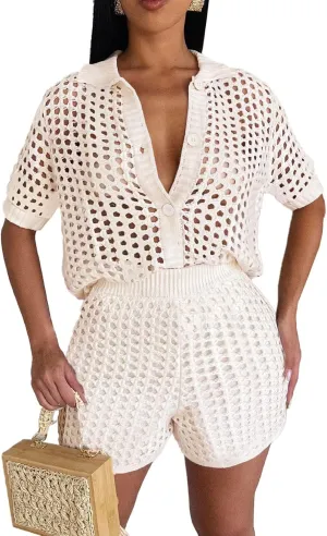 Alunzoem Short Sets for Women 2 Piece Outfits Crochet Knit Hollow Out Short Sleeve Button Down Shirts Bodycon Shorts Set