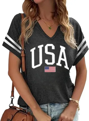 American Flag Shirts Women 4th of July V-Neck Short Sleeve Patriotic T-Shirt Memorial Day Graphic Tee Independence Day Tops