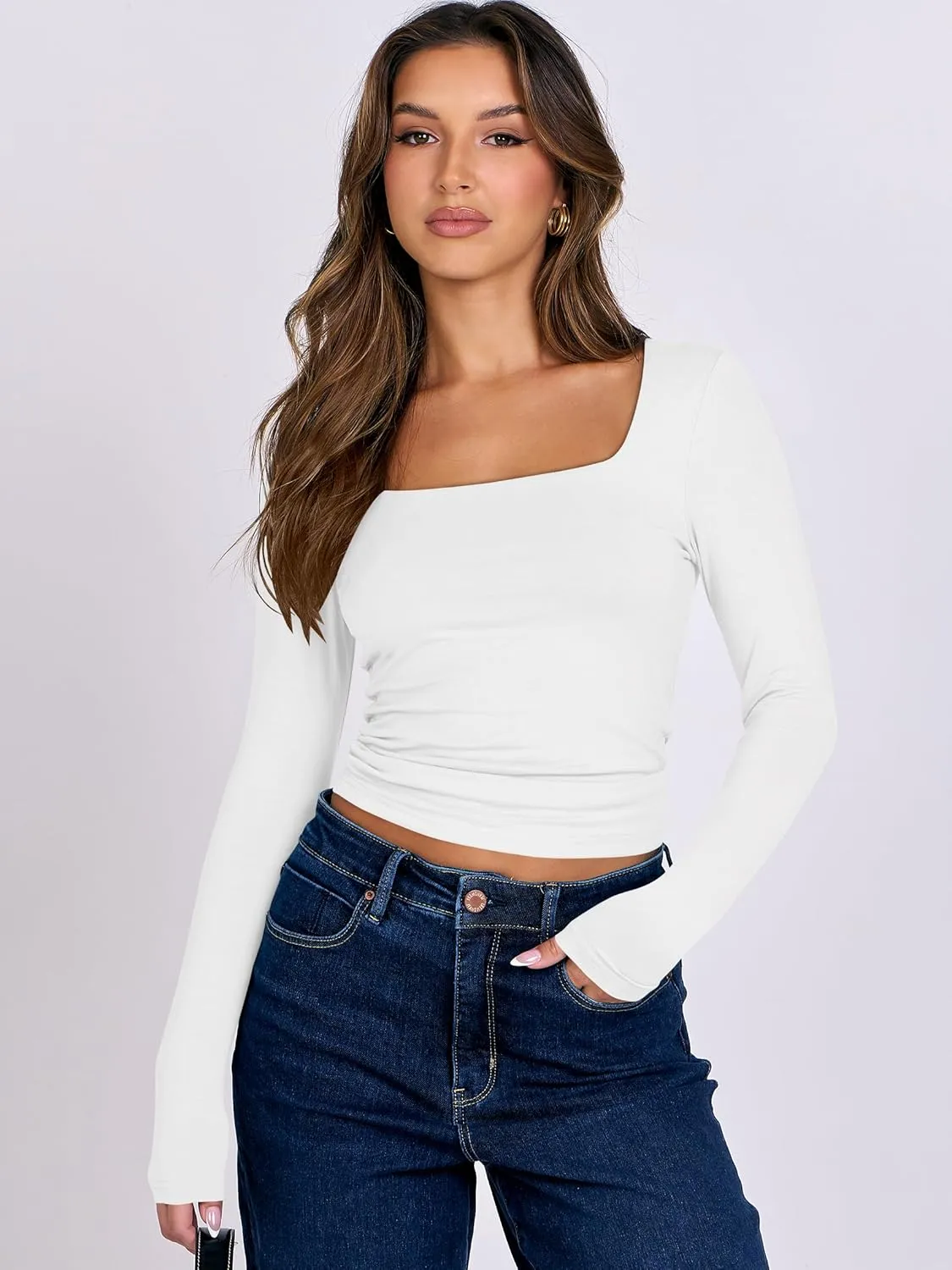ANRABESS Women Double Lined Long Sleeve Crop Tops Shirts Square Neck Tight Fitted Going Out T-Shirt Basic Tee Outfits 2025
