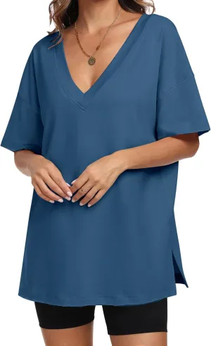 ANRABESS Women's Oversized T-Shirt Short Sleeve V Neck Loose Baggy Reversible Tops Casual Tee Shirts Summer Outfits 2025