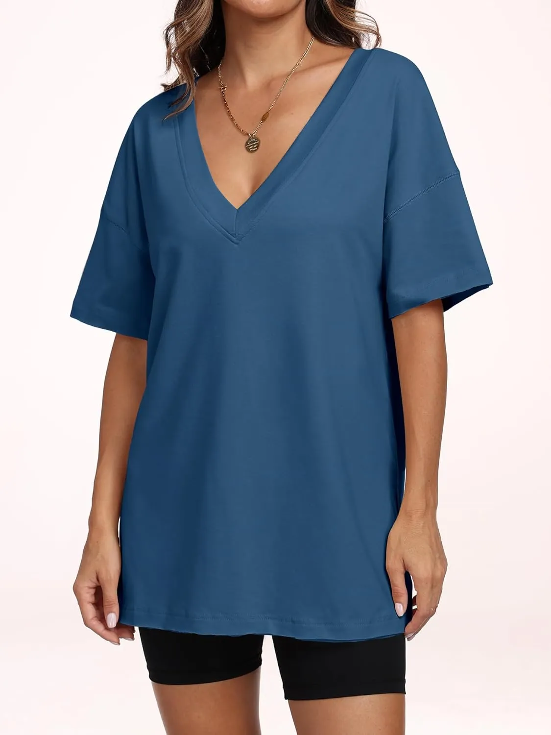 ANRABESS Women's Oversized T-Shirt Short Sleeve V Neck Loose Baggy Reversible Tops Casual Tee Shirts Summer Outfits 2025