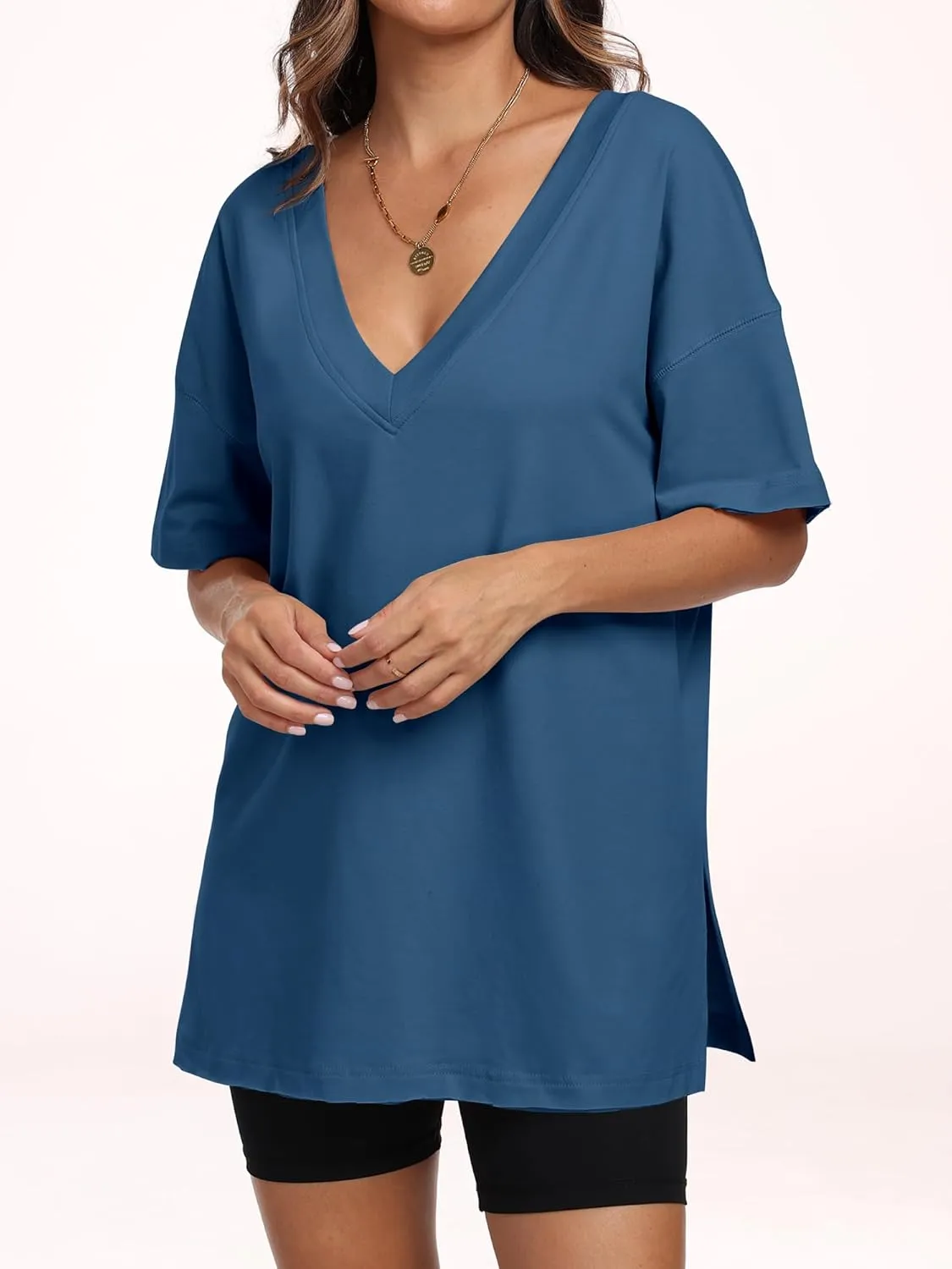 ANRABESS Women's Oversized T-Shirt Short Sleeve V Neck Loose Baggy Reversible Tops Casual Tee Shirts Summer Outfits 2025