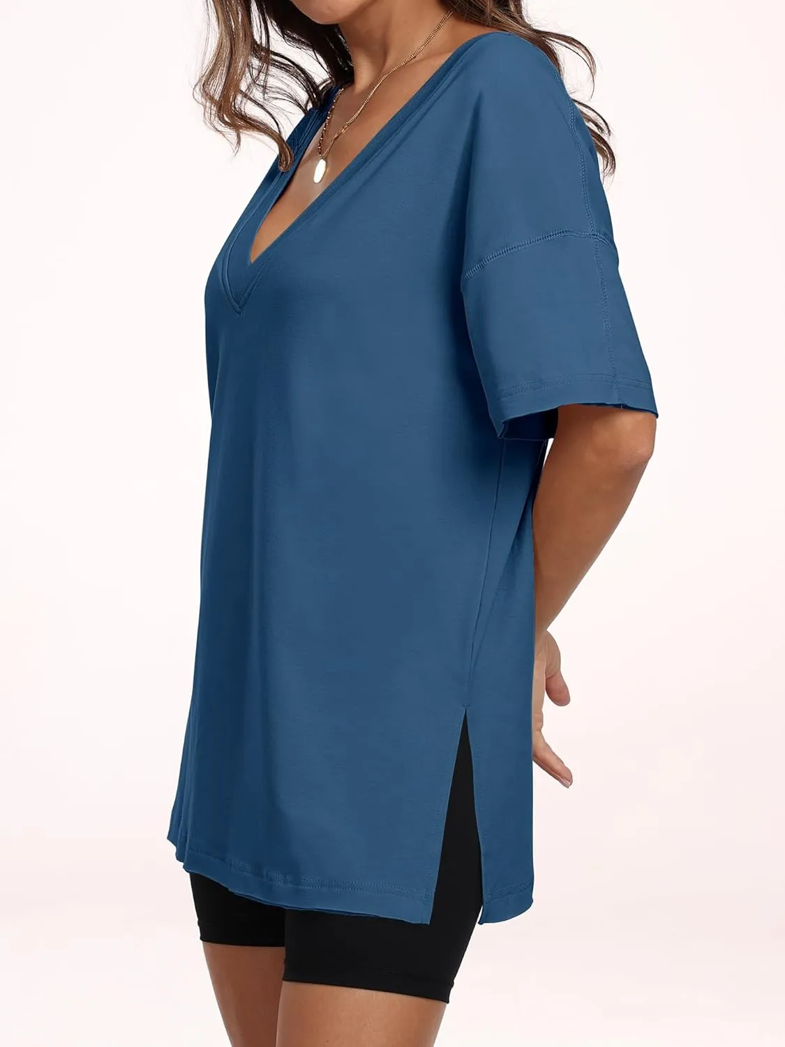 ANRABESS Women's Oversized T-Shirt Short Sleeve V Neck Loose Baggy Reversible Tops Casual Tee Shirts Summer Outfits 2025