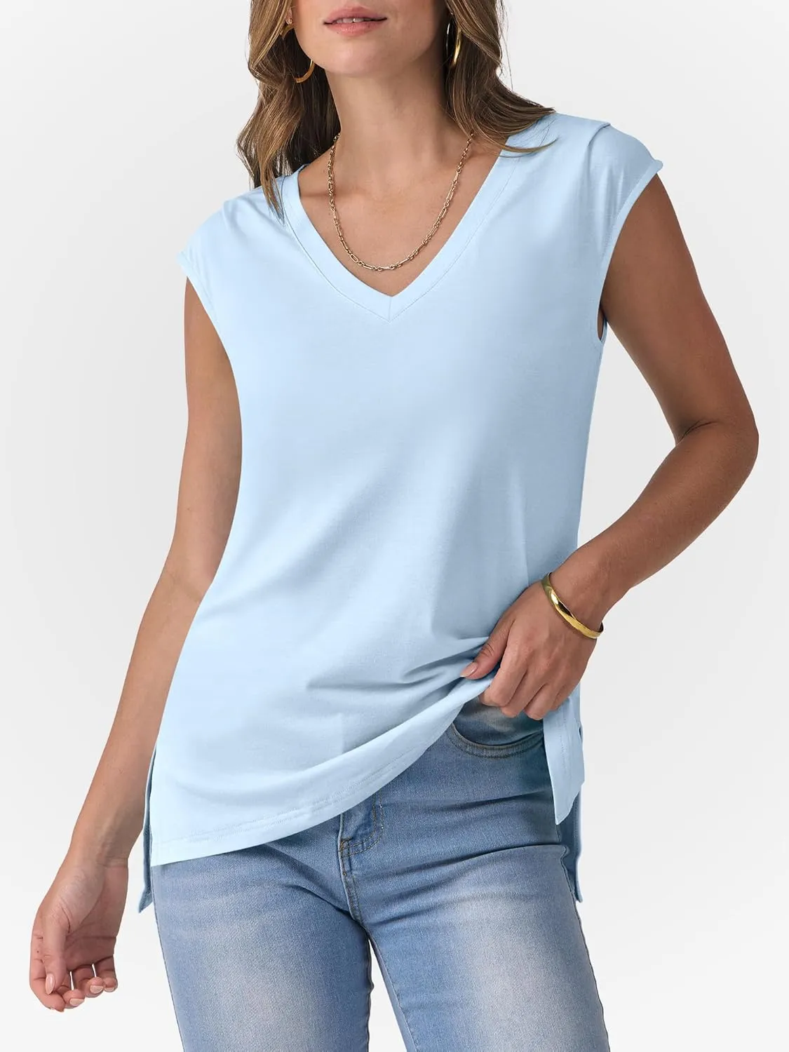 ANRABESS Womens Tank Top V Neck Cap Sleeve Summer Casual Loose Slit Side Sleeveless Tunic Tee Shirts 2025 Trendy Clothes