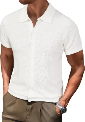 Arach&Cloz Mens Wool Blended Button Down Shirt Short Sleeve Knit 2025 Summer Fashion Dress Shirts Casual Business Golf