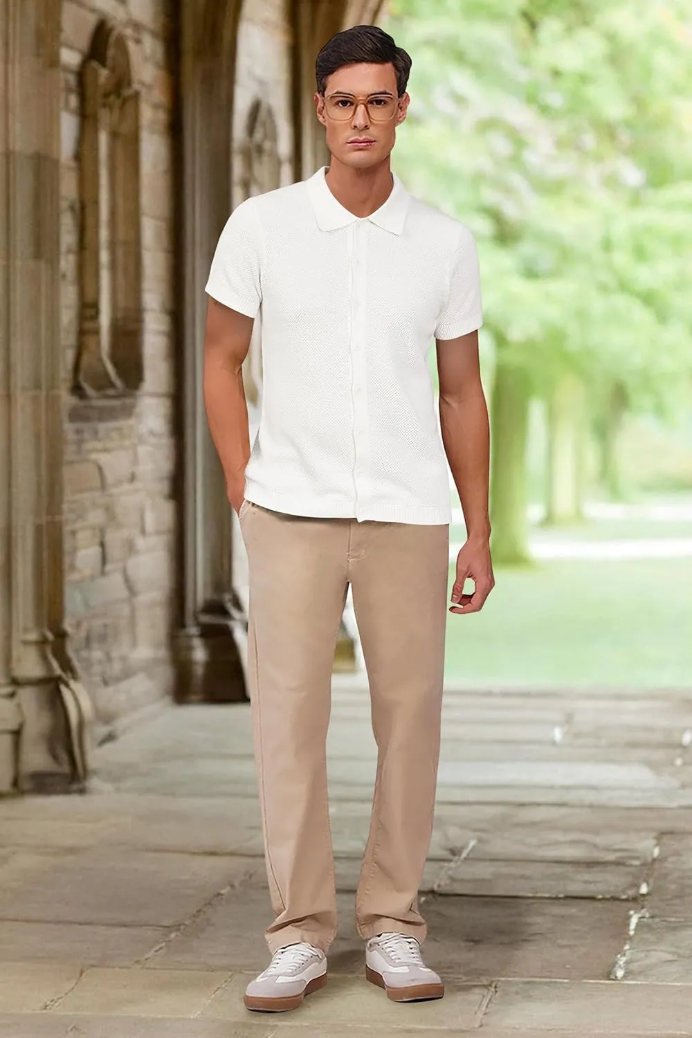 Arach&Cloz Mens Wool Blended Button Down Shirt Short Sleeve Knit 2025 Summer Fashion Dress Shirts Casual Business Golf