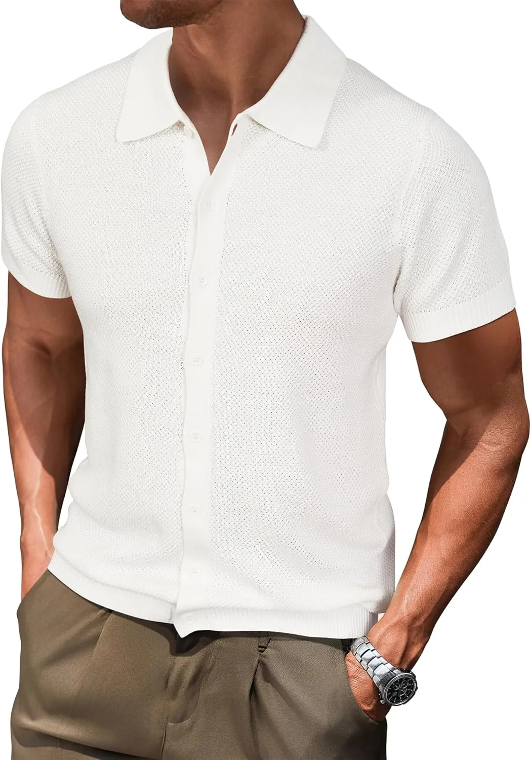Arach&Cloz Mens Wool Blended Button Down Shirt Short Sleeve Knit 2025 Summer Fashion Dress Shirts Casual Business Golf