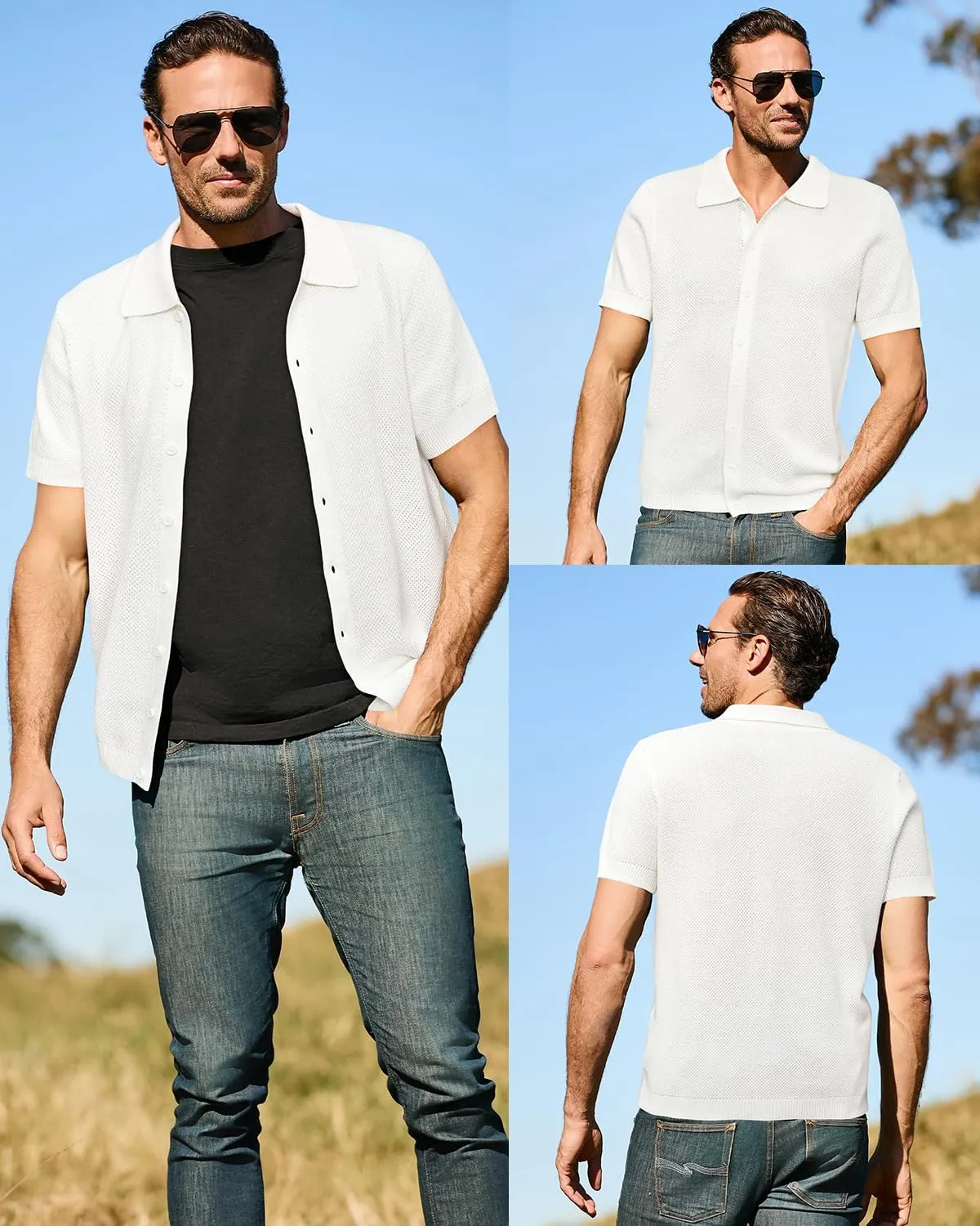 Arach&Cloz Mens Wool Blended Button Down Shirt Short Sleeve Knit 2025 Summer Fashion Dress Shirts Casual Business Golf