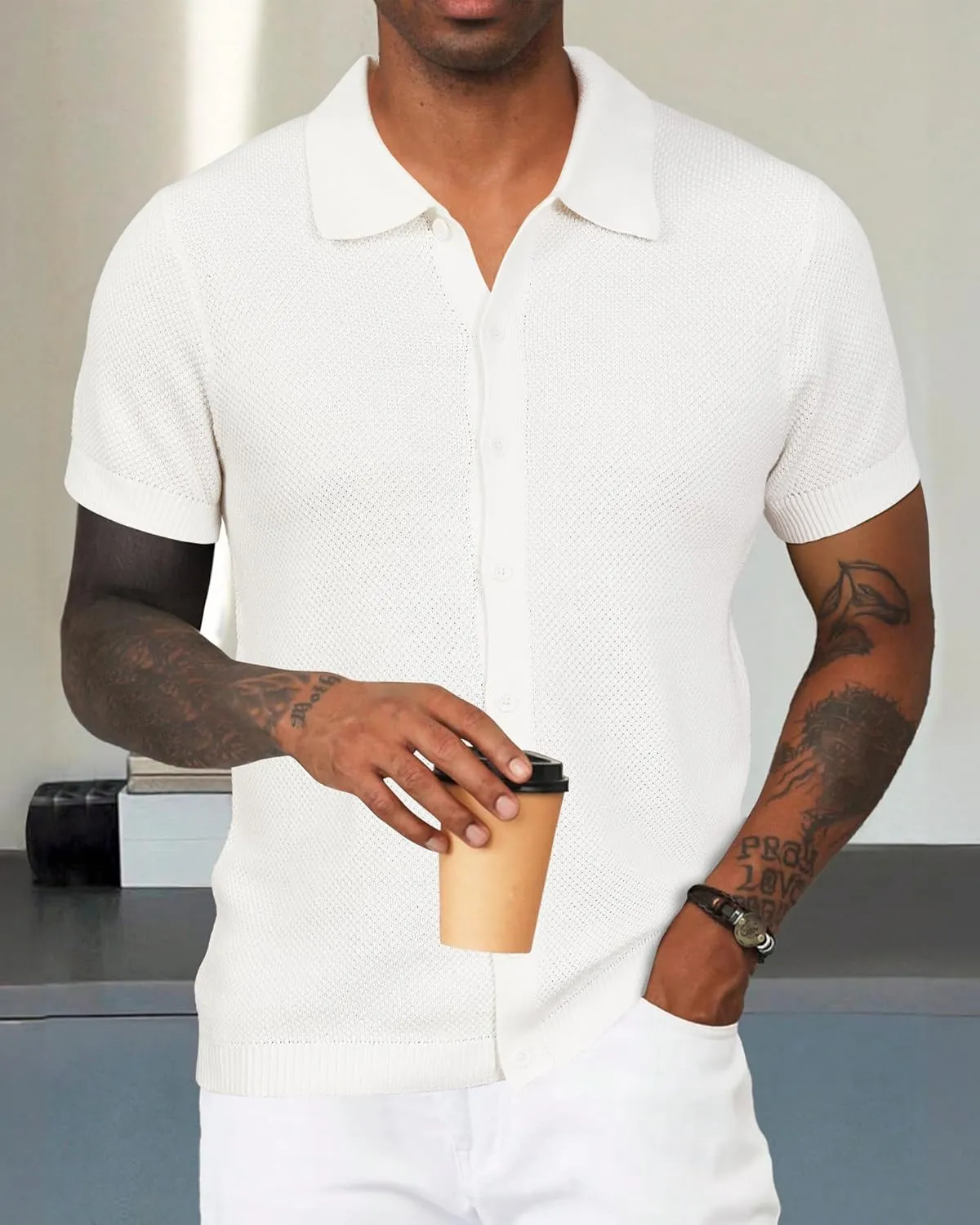 Arach&Cloz Mens Wool Blended Button Down Shirt Short Sleeve Knit 2025 Summer Fashion Dress Shirts Casual Business Golf