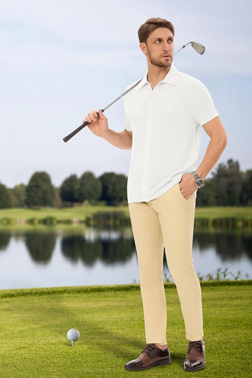 Arach&Cloz Mens Wool Blended Button Down Shirt Short Sleeve Knit 2025 Summer Fashion Dress Shirts Casual Business Golf