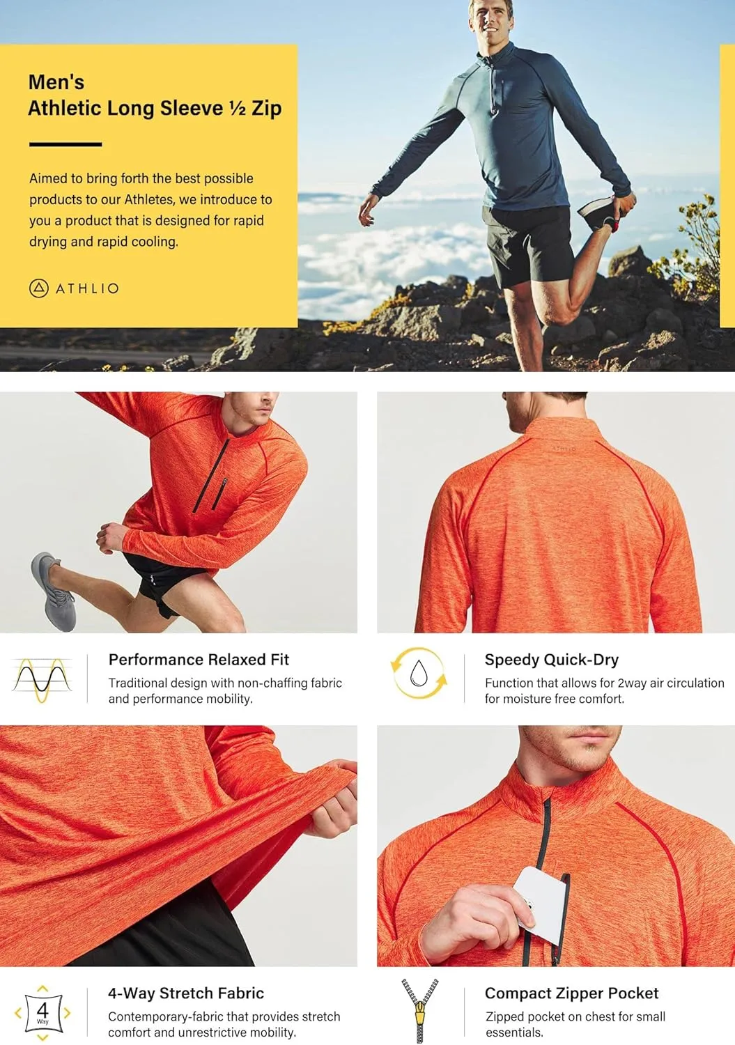 ATHLIO Men's Long Sleeve Athletic Shirts - Quick Dry, UV Sun Protection, and 1/4 Zip Pullover Running Tops for Outdoor