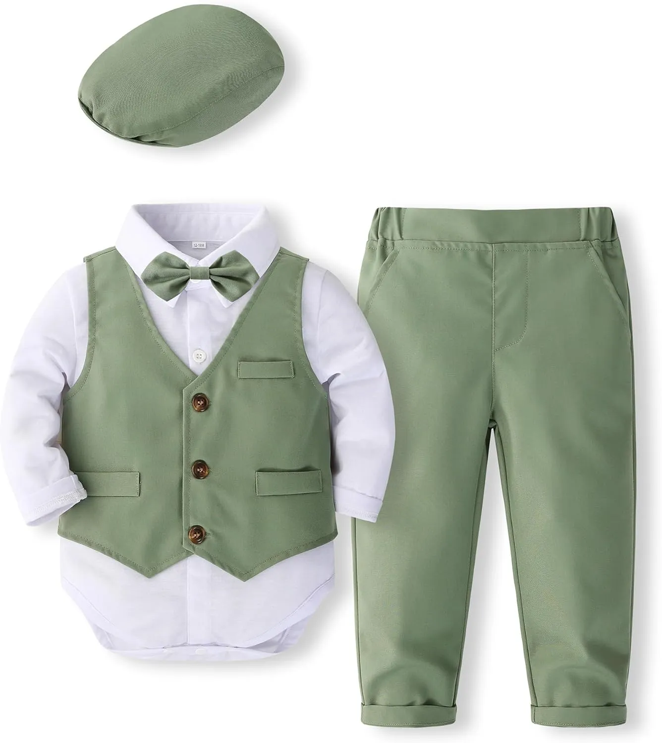 Baby Boys Gentleman Formal Suit Set with Vest, Pant, Shirt, and Bow Tie, Weding 4Pcs Outfit