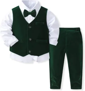 Baby Boys Gentleman Formal Suit Set with Vest, Pant, Shirt, and Bow Tie, Weding 4Pcs Outfit