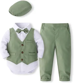 Baby Boys Gentleman Formal Suit Set with Vest, Pant, Shirt, and Bow Tie, Weding 4Pcs Outfit