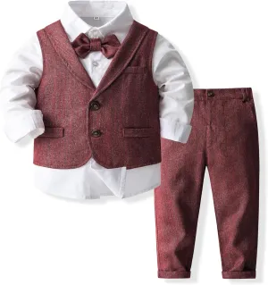 Baby Boys Gentleman Formal Suit Set with Vest, Pant, Shirt, and Bow Tie, Weding 4Pcs Outfit