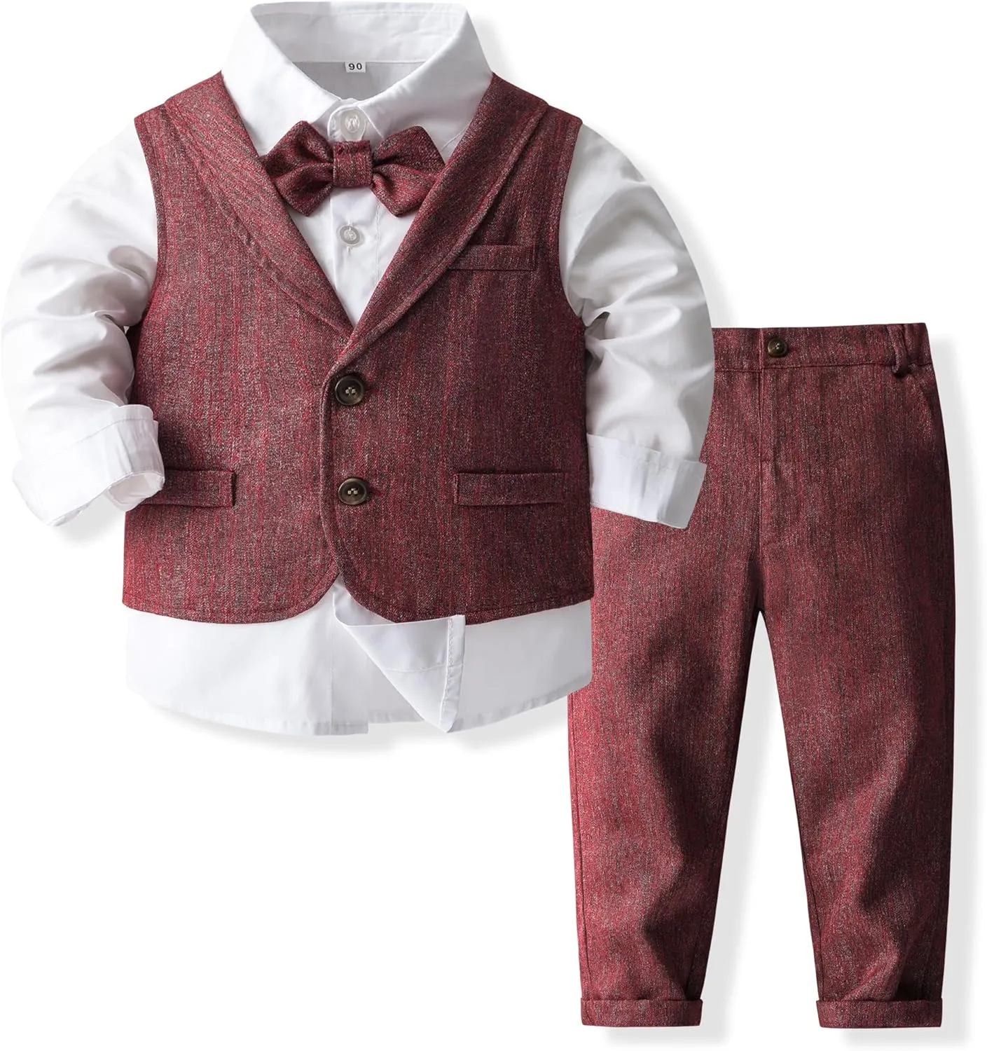 Baby Boys Gentleman Formal Suit Set with Vest, Pant, Shirt, and Bow Tie, Weding 4Pcs Outfit