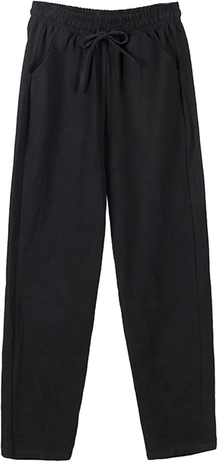 Baggy Linen Pants Waisted Cotton Palazzo Pants Wide Leg Long Pant Trousers Summer Fall Lounge Plain Drawstring