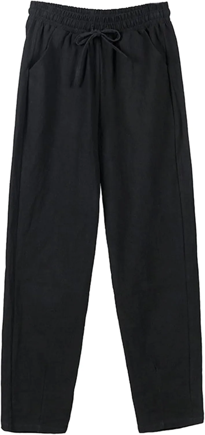 Baggy Linen Pants Waisted Cotton Palazzo Pants Wide Leg Long Pant Trousers Summer Fall Lounge Plain Drawstring