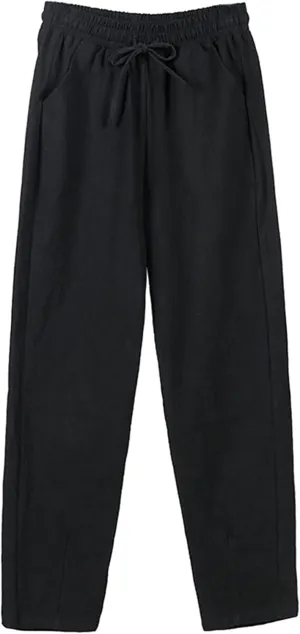 Baggy Linen Pants Waisted Cotton Palazzo Pants Wide Leg Long Pant Trousers Summer Fall Lounge Plain Drawstring
