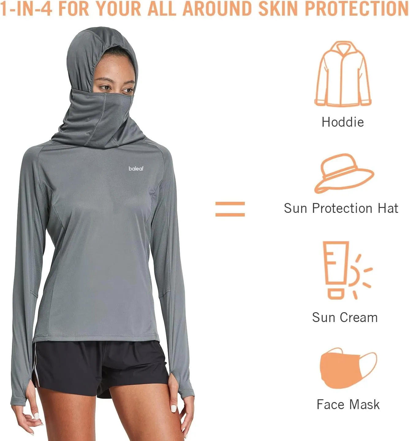 baleaf Women's Long Sleeve Rash Guard with Face Cover UPF 50  Swim Shirts Sun Hoddie Lightweight Quick Dry Hiking Tops