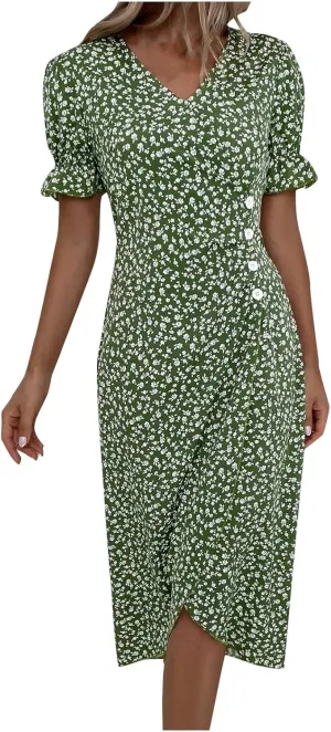 Beach Dresses for Women,2024 Summer Trendy Elegant Wrap V Neck Floral Boho Dress,Flowy Ruched Hawaiian Maxi Dress