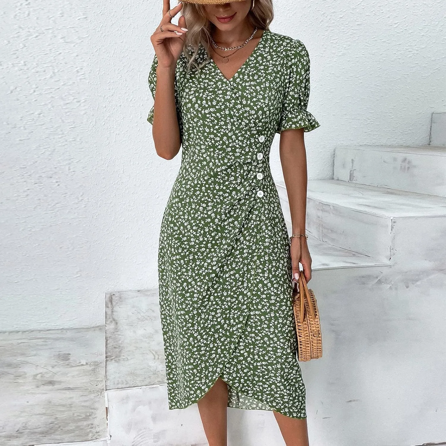 Beach Dresses for Women,2024 Summer Trendy Elegant Wrap V Neck Floral Boho Dress,Flowy Ruched Hawaiian Maxi Dress