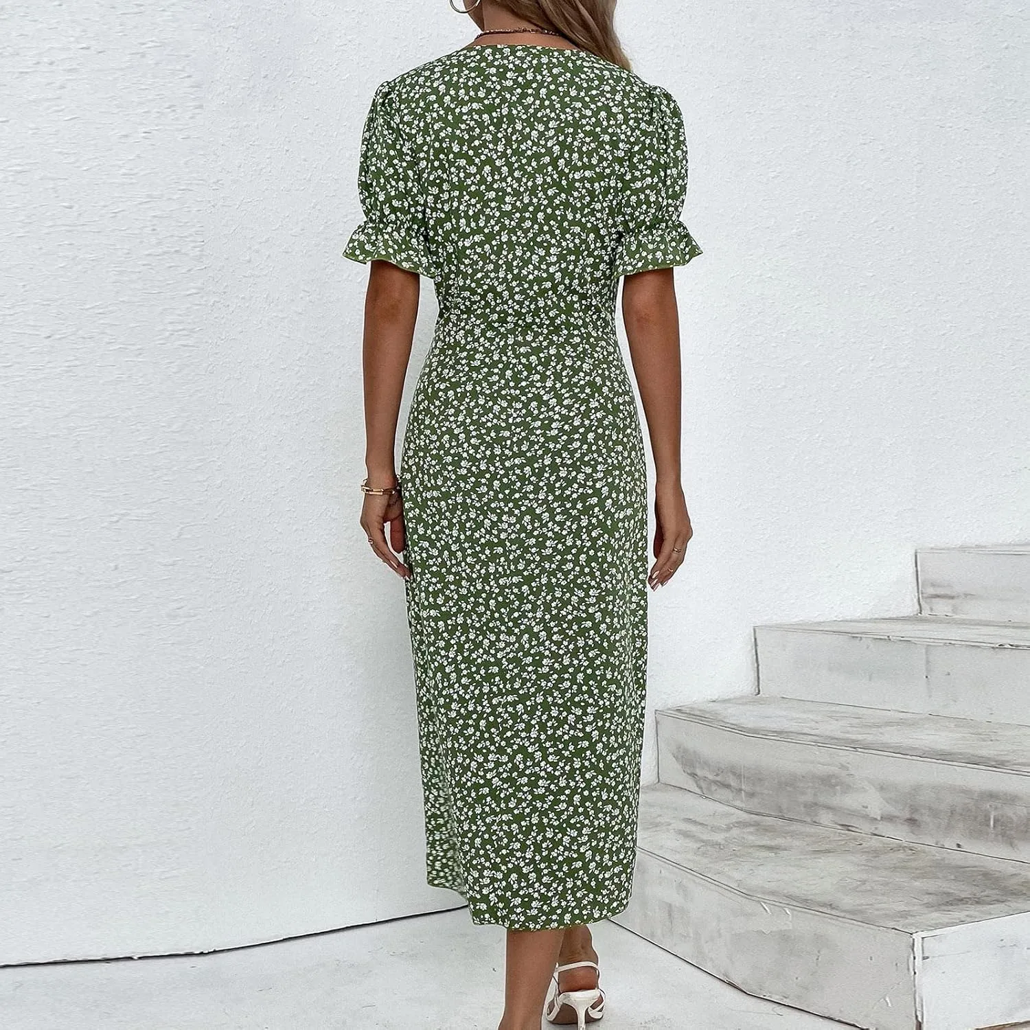 Beach Dresses for Women,2024 Summer Trendy Elegant Wrap V Neck Floral Boho Dress,Flowy Ruched Hawaiian Maxi Dress
