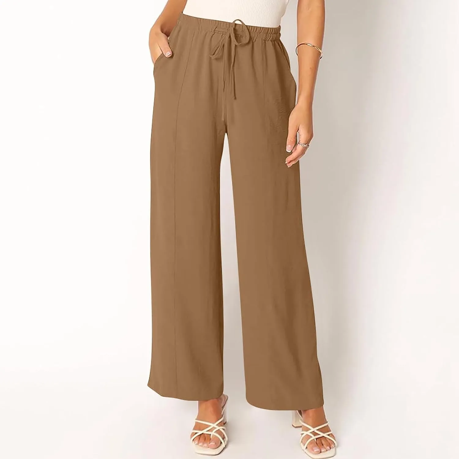 Beach Pants for Women Summer Casual Loose Plus Size Linen Pants Work Wide Leg Flowy Pants Trousers with Pckets