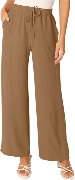 Beach Pants for Women Summer Casual Loose Plus Size Linen Pants Work Wide Leg Flowy Pants Trousers with Pckets