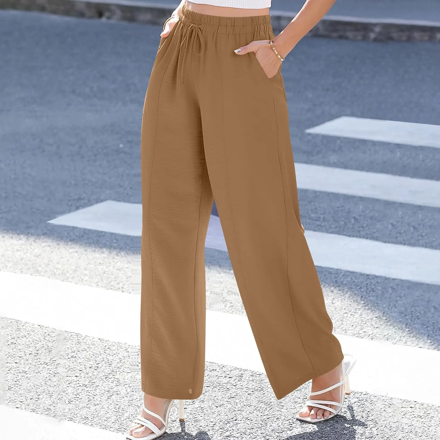 Beach Pants for Women Summer Casual Loose Plus Size Linen Pants Work Wide Leg Flowy Pants Trousers with Pckets