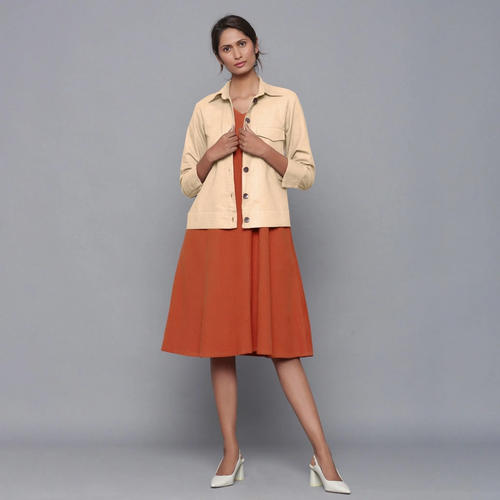 Beige Warm Cotton Flannel Button-Down Shirt Jacket