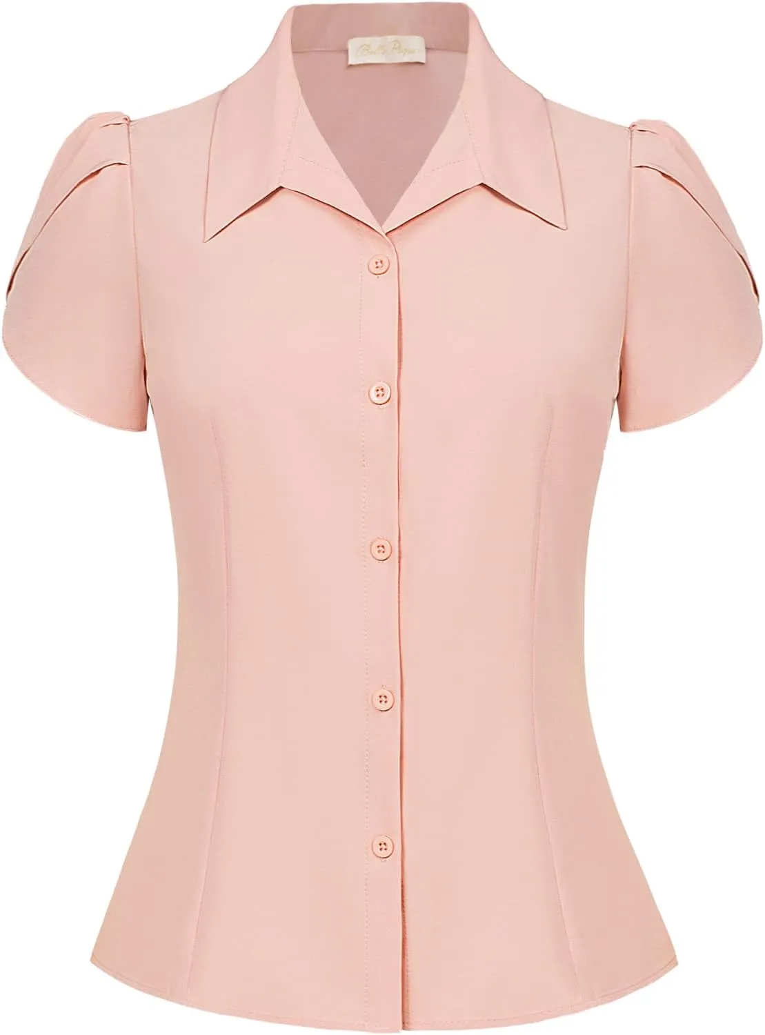 Belle Poque Summer Short Sleeve Button Down Blouse for Women V Neck Vintage Business Casual Shirts Tops