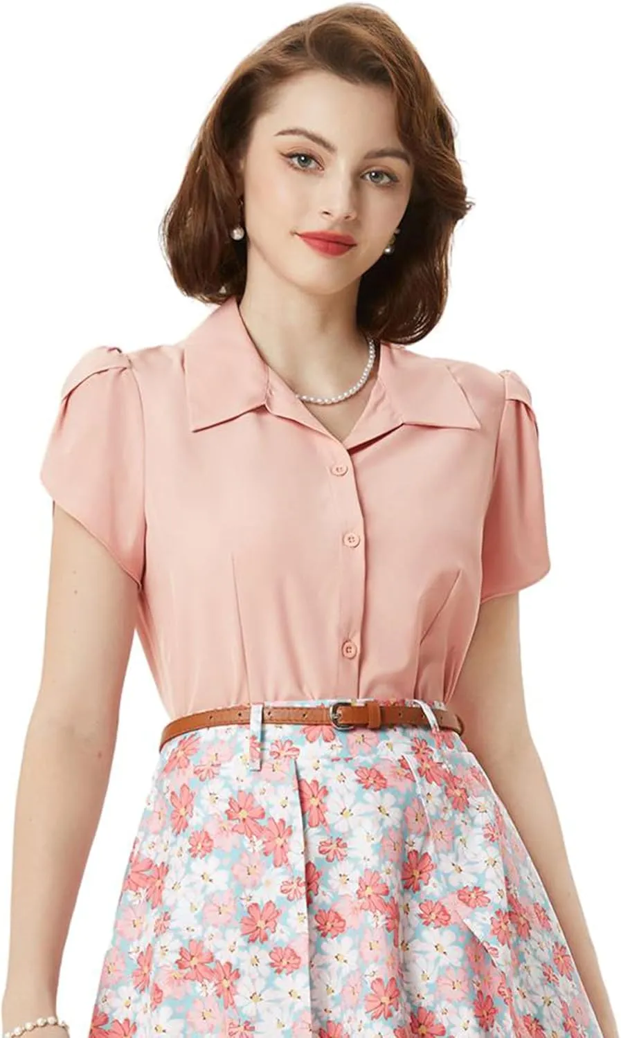Belle Poque Summer Short Sleeve Button Down Blouse for Women V Neck Vintage Business Casual Shirts Tops