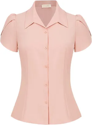 Belle Poque Summer Short Sleeve Button Down Blouse for Women V Neck Vintage Business Casual Shirts Tops