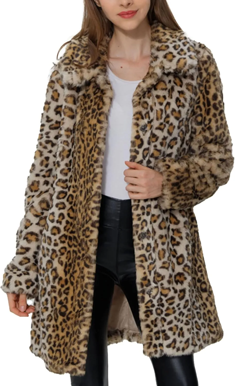Bellivera Womens Leopard Print Fleece Coat, Spring and Winter Fashion Fuzzy Jacket Faux Fur Fluffy Cardigan Overcoat