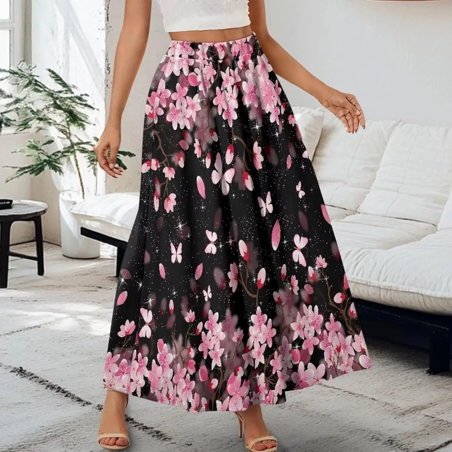 Biyejit Maxi Skirts for Women with Pockets Casual Long Skirt Midi Length Casual Skirt for Beach Party Holiday