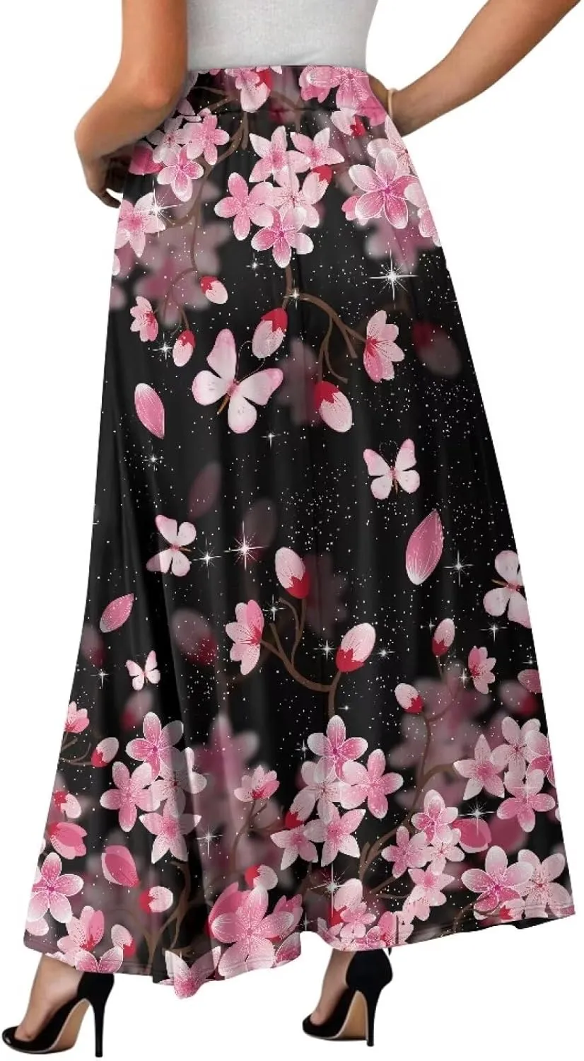 Biyejit Maxi Skirts for Women with Pockets Casual Long Skirt Midi Length Casual Skirt for Beach Party Holiday