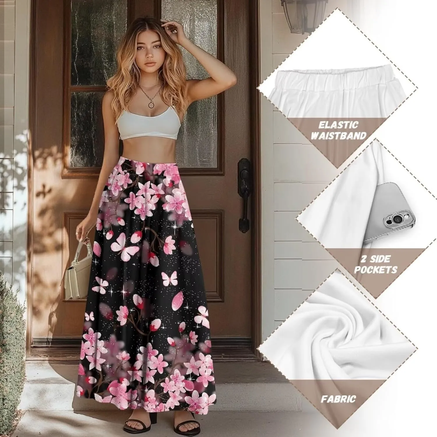 Biyejit Maxi Skirts for Women with Pockets Casual Long Skirt Midi Length Casual Skirt for Beach Party Holiday