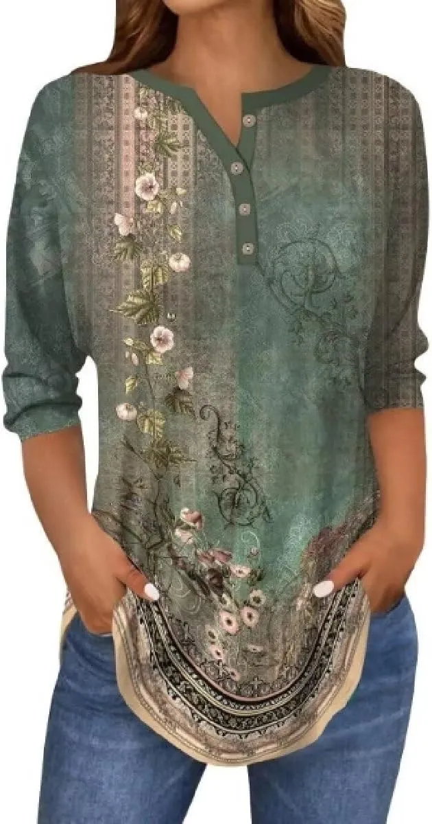 Boho Clothes for Women Button Up V-Neck Spring Fashion 2025 Dressy Casual Floral Shirts 3/4 Length Sleeve Tops