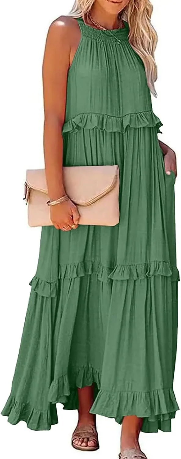 Boho Dresses for Women,2025 Summer Flowy Ruffle Tiered Swing Smocked Beach Sundress,Sleeveless Halter Maxi Dress